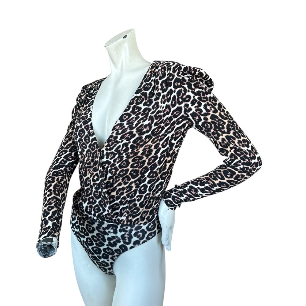 Revolve AFRM Nora Puff Sleeve Deep V-Neck Long Sleeve Leopard Print Bodysuit XS - Picture 5 of 9